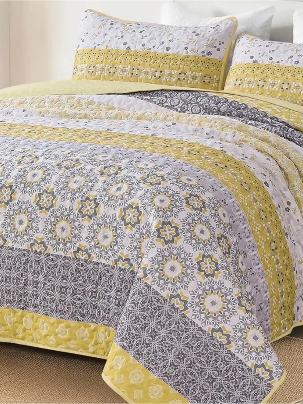 WONGS Queen 3-Pc Boho Quilt Set - Bohemian Patchwork Bedspread Coverlet 97x90”